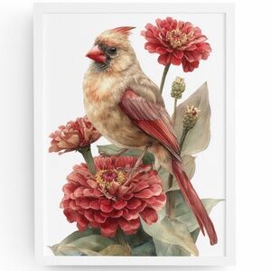 Watercolor Female Cardinal Bird with Flowers Wall Art Print Unframed